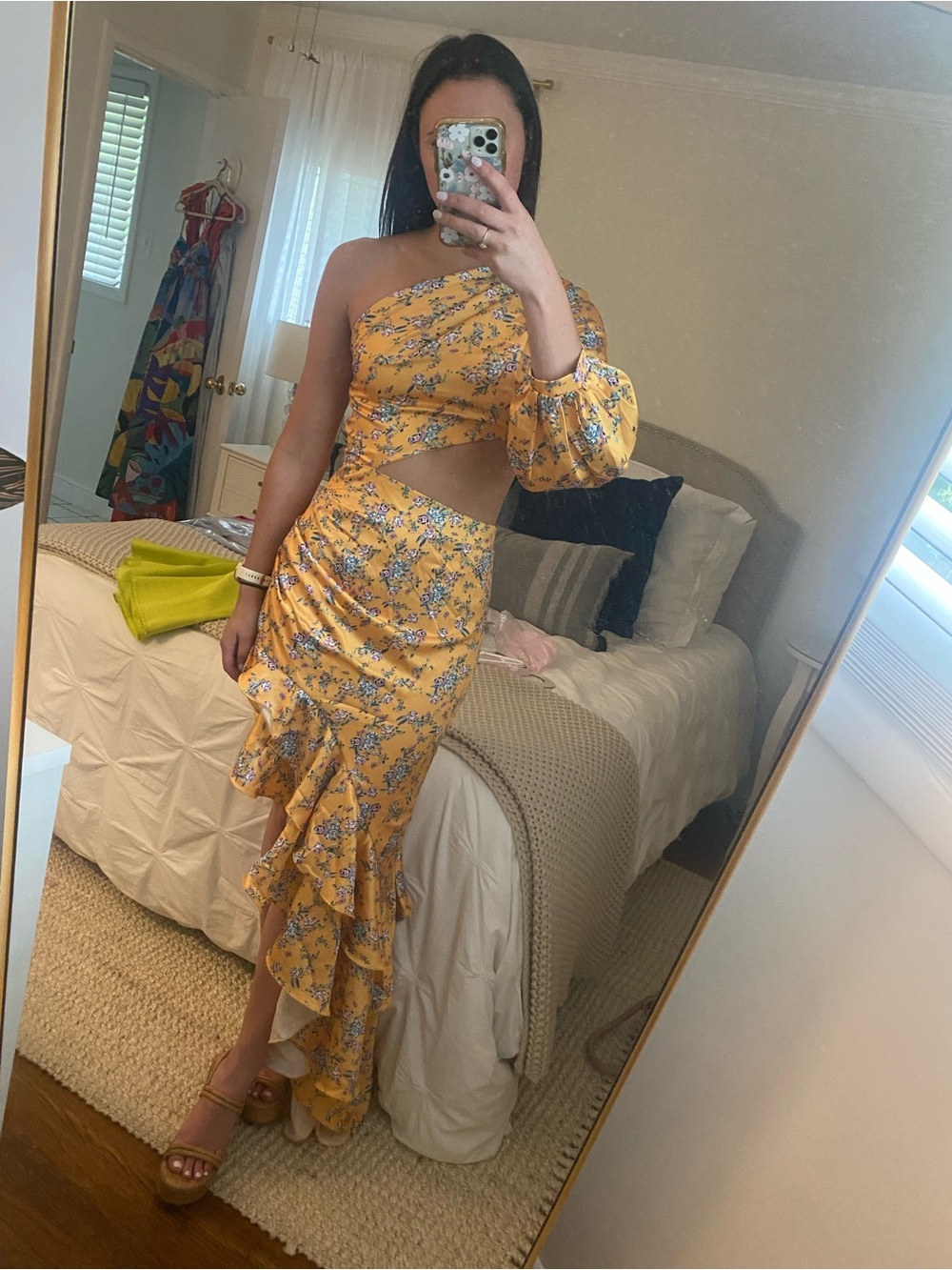 One-Shoulder Yellow Floral Ruffle Dress